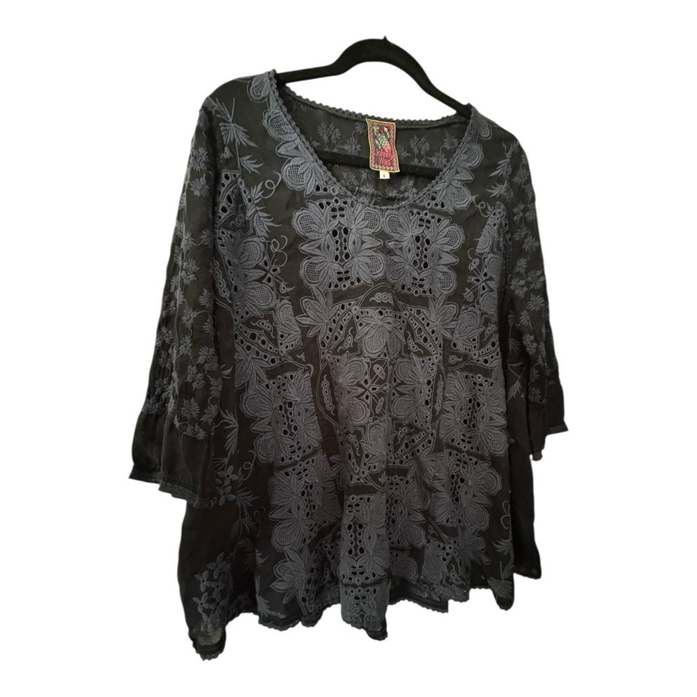 Johnny Was Christina Georgette Tunic Size Small Blue Embroidered Floral Eyelet